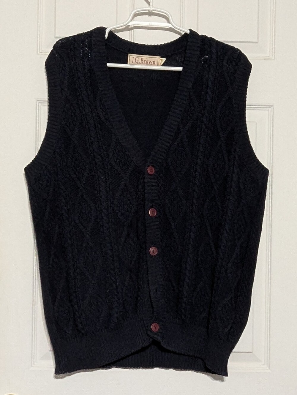 J.G. Brown Cable Knit Cardigan Sweater Vest - Navy Blue 100% Cotton Lg